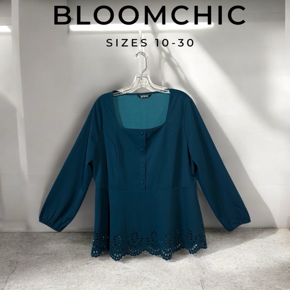 NWOT, BloomChic, Teal Plus-Size Blouse With Cut-Out Hem, 18W-20W - Picture 1 of 6